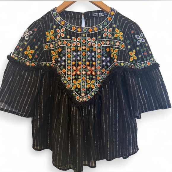 Zara Embroidered Boho Tassel Black Blouse Top Shirt Cotton Small - Picture 1 of 4